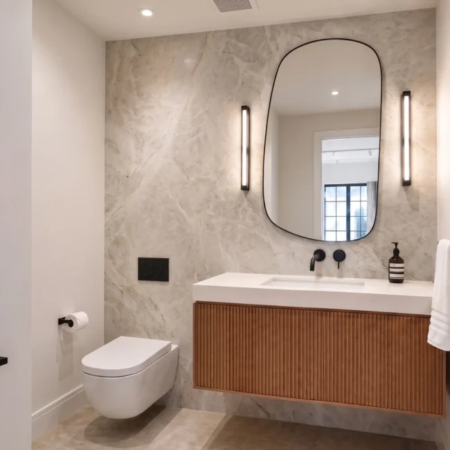 Bright, modern bathroom remodel featuring a floating wood vanity with fluted cabinet fronts, a white stone countertop with wall-mounted matte black fixtures, an organic-shaped black-framed mirror flanked by vertical light sconces, a marble accent wall, and a sleek wall-mounted toilet