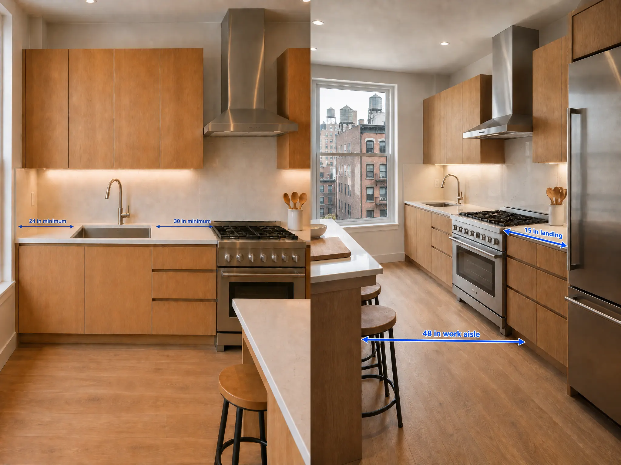 Kitchen clearances measured on site: a 48 inch work aisle, a 15 inch landing beside the range, and 24 and 30 inch landings beside the sink