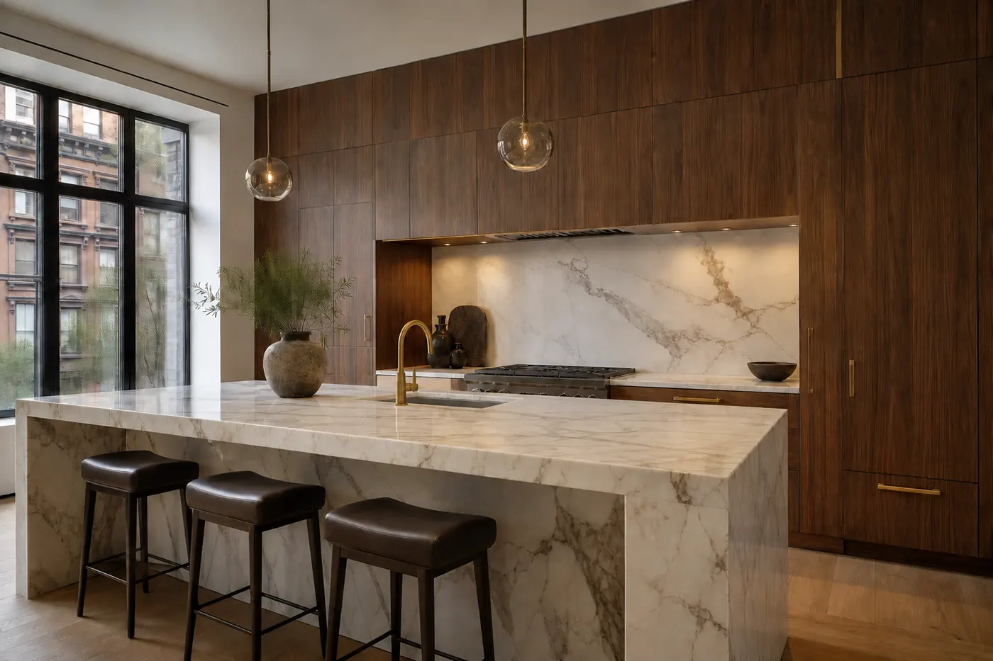 Warm walnut flat-front kitchen with Calacatta waterfall island and Manhattan brownstone view