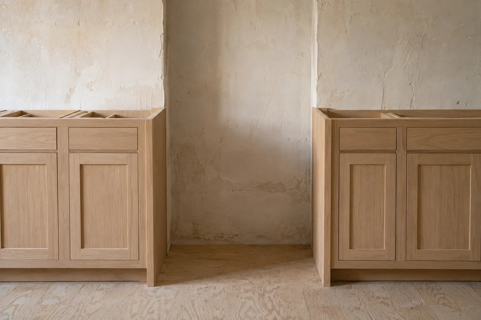 Empty refrigerator opening between two runs of unfinished kitchen cabinets