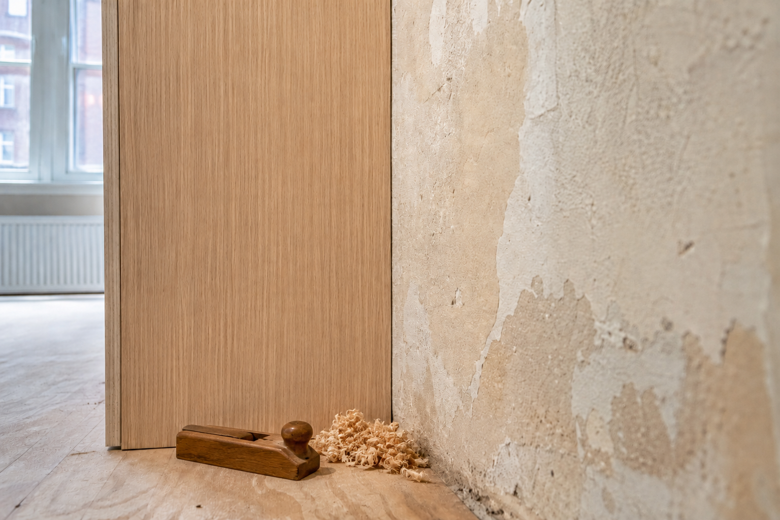 Cabinet end panel fitted tight to a stripped plaster wall with shavings and a plane on the floor