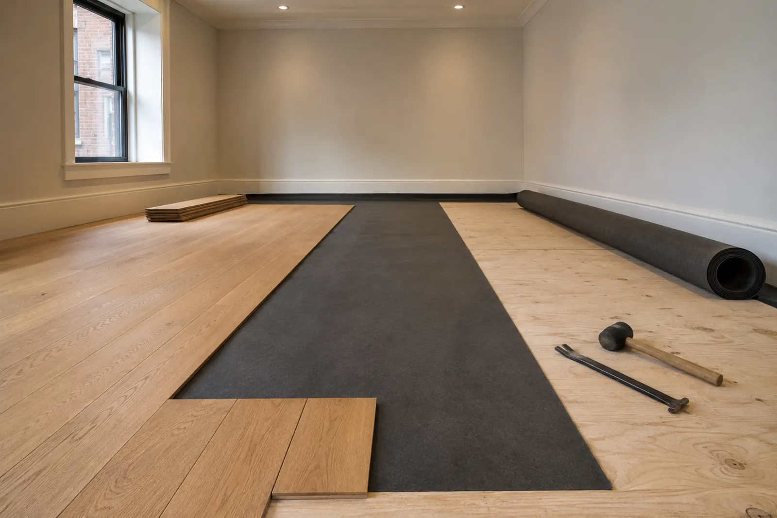 Acoustic underlayment rolled over a plywood subfloor with wide-plank oak boards laid on top of it