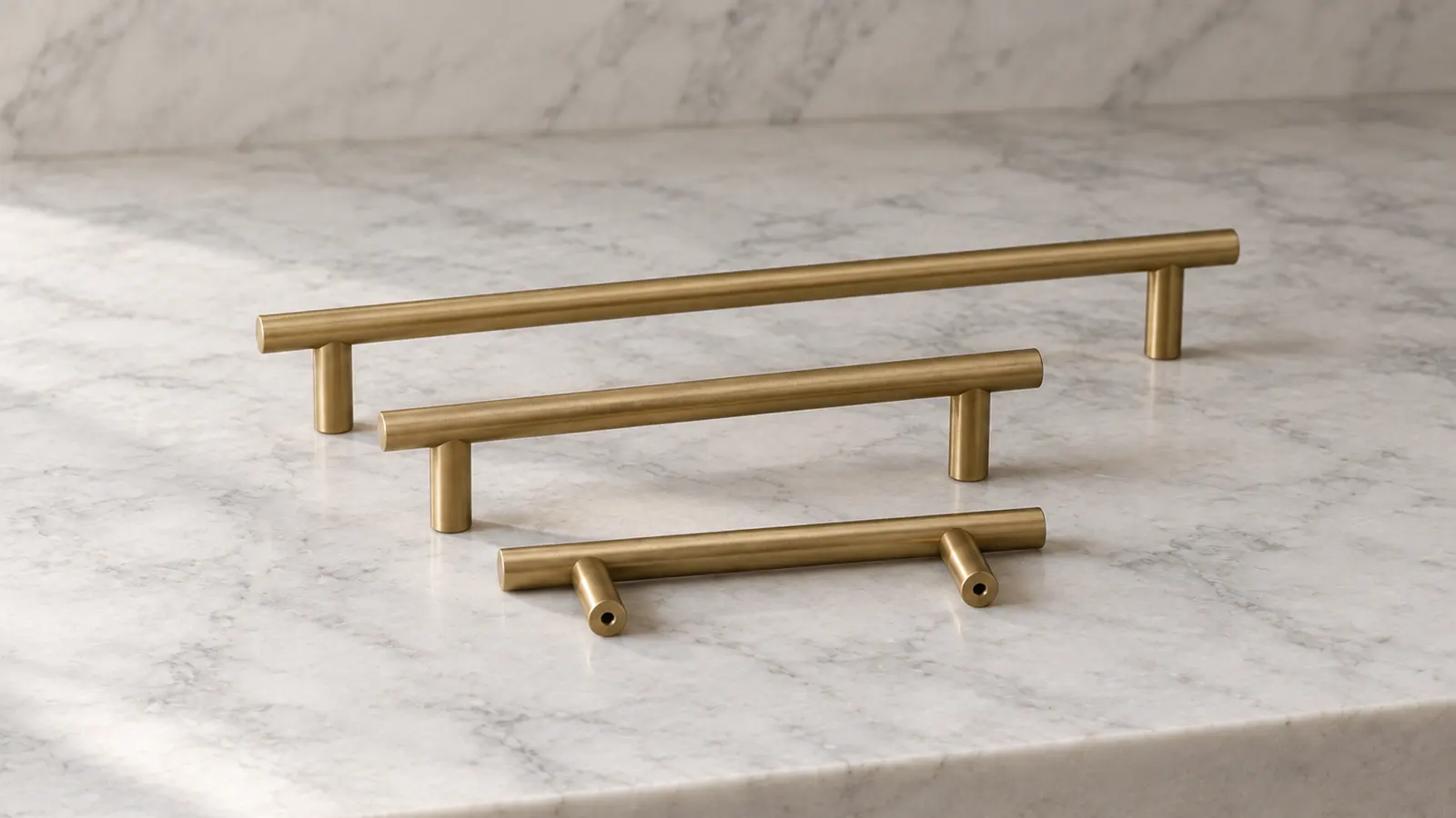 Three brass bar cabinet pulls of different lengths on a white marble countertop, the shortest lying on its side to show the screw holes in the ends of its posts