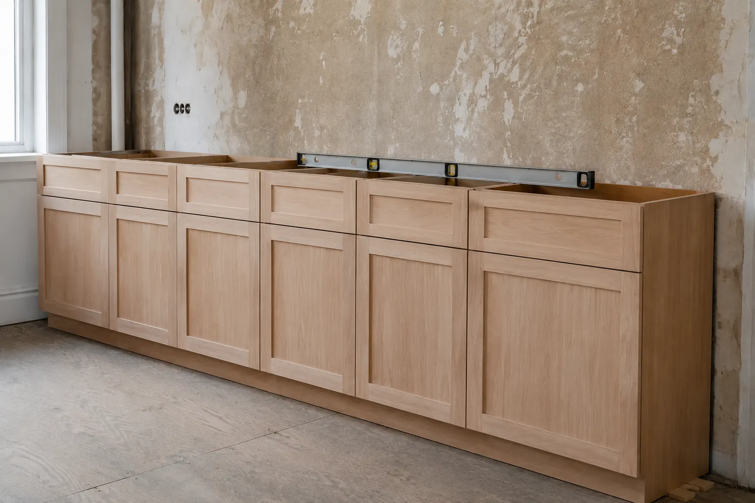 Base cabinets in one straight row against a stripped plaster wall with a level on top