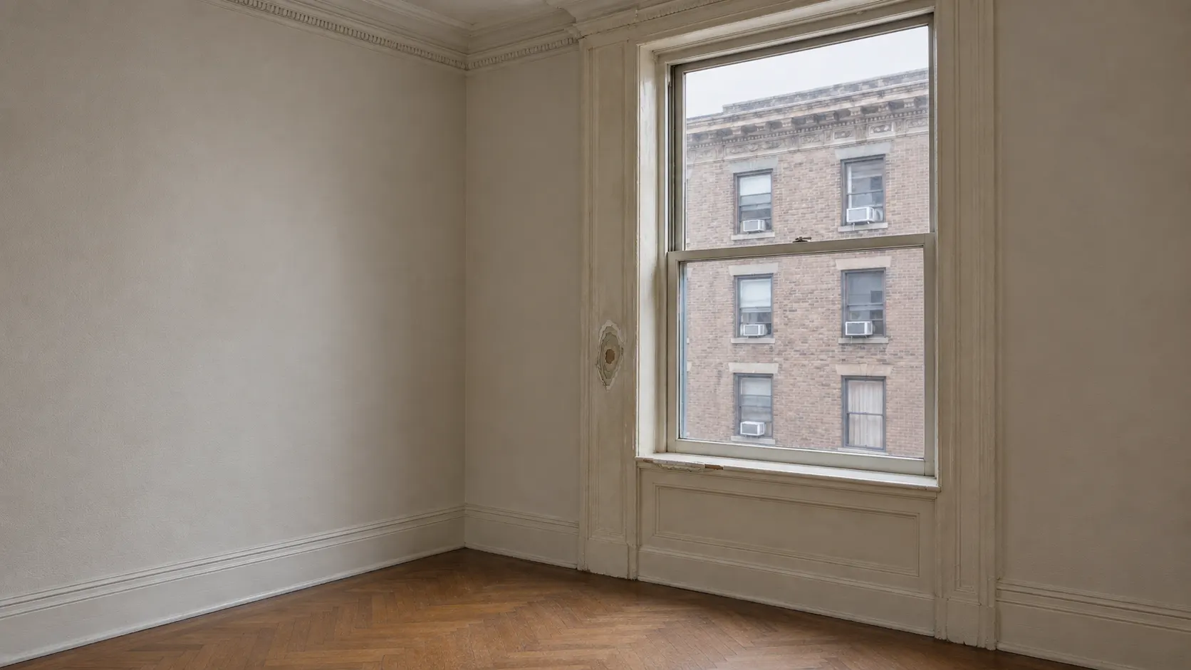 Thick yellowed paint on a pre-war window casing with a hand-sized chip showing pale green and cream layers under the white and bare wood at the center, chipped paint along the sill edge, a neighboring brick facade with window air conditioners beyond the glass