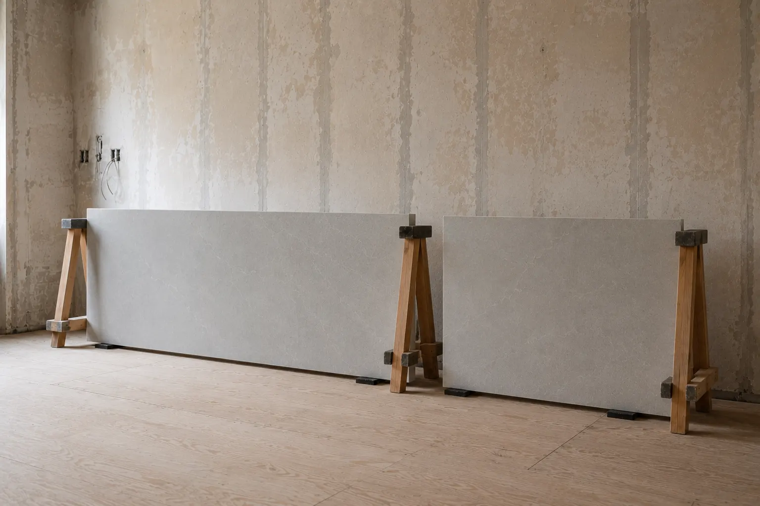 Two stone countertop sections of unequal length standing on edge on wooden A frame supports in a stripped apartment kitchen with a plywood floor 