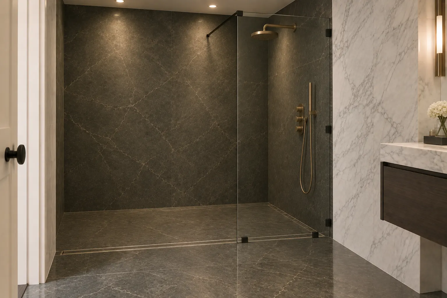 Curbless shower with a continuous dark marble floor, a linear drain across the full width of the entry and a frameless glass panel held by black clamps