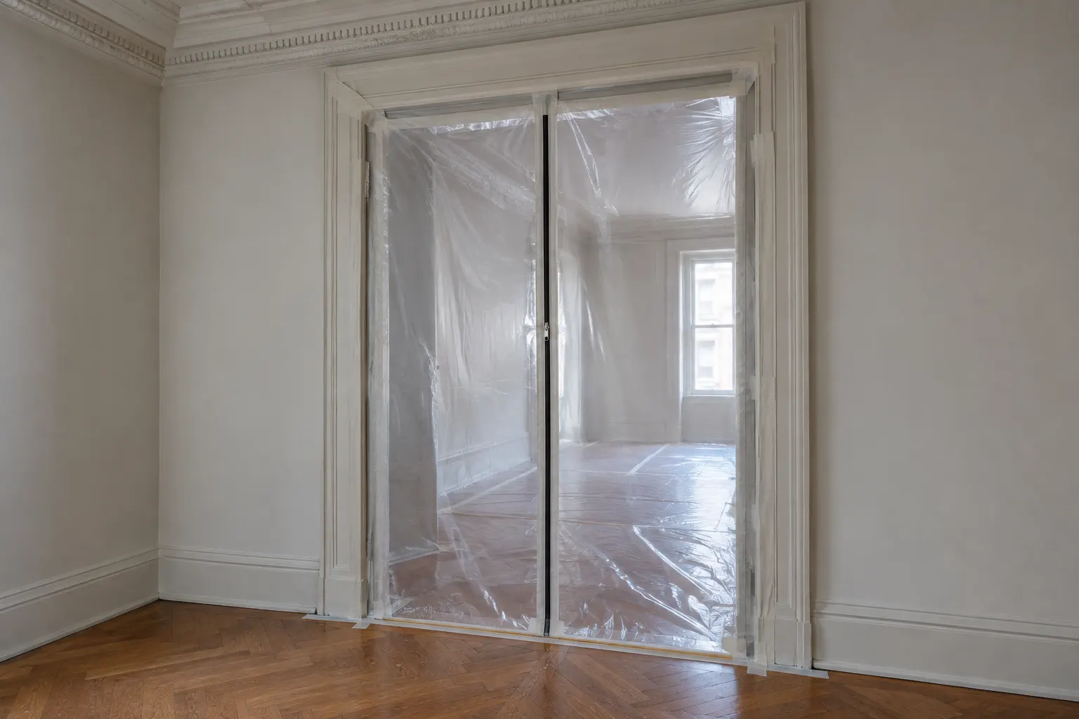 Wide pre-war doorway sealed with clear plastic sheeting taped to the casing and floor with a zipper closure down the middle, the room beyond covered in plastic over the floor and walls