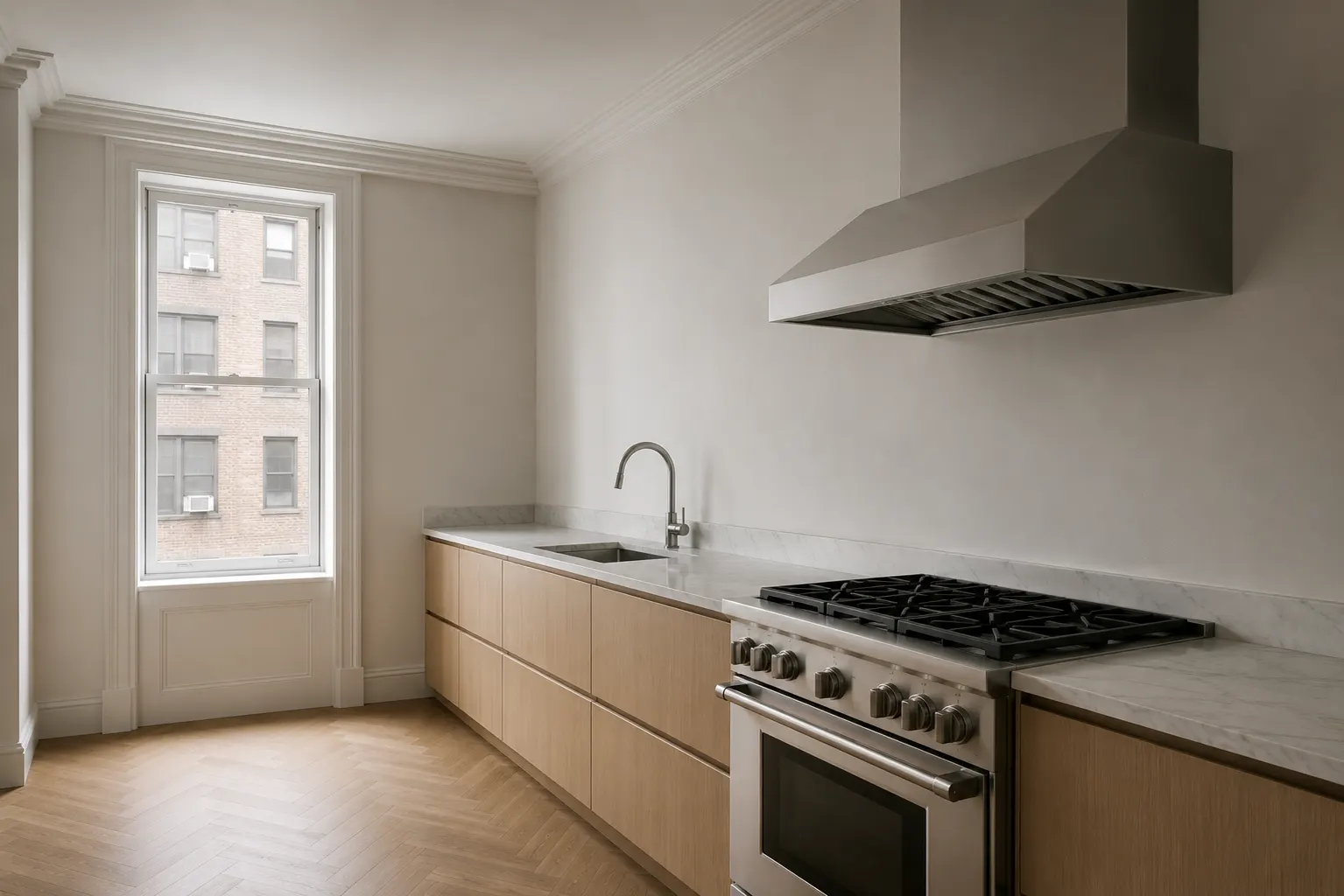 Finished kitchen in a pre-war Manhattan apartment with handleless oak cabinets, marble countertops, an undermount sink, a stainless six burner range with a wall hood and a herringbone floor