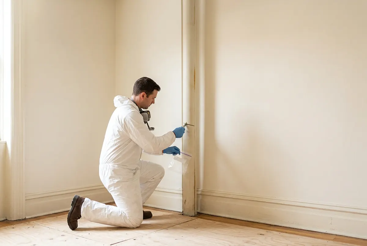  Inspector in a white coverall taking a sample of the insulation on an old cast-iron steam riser before demolition