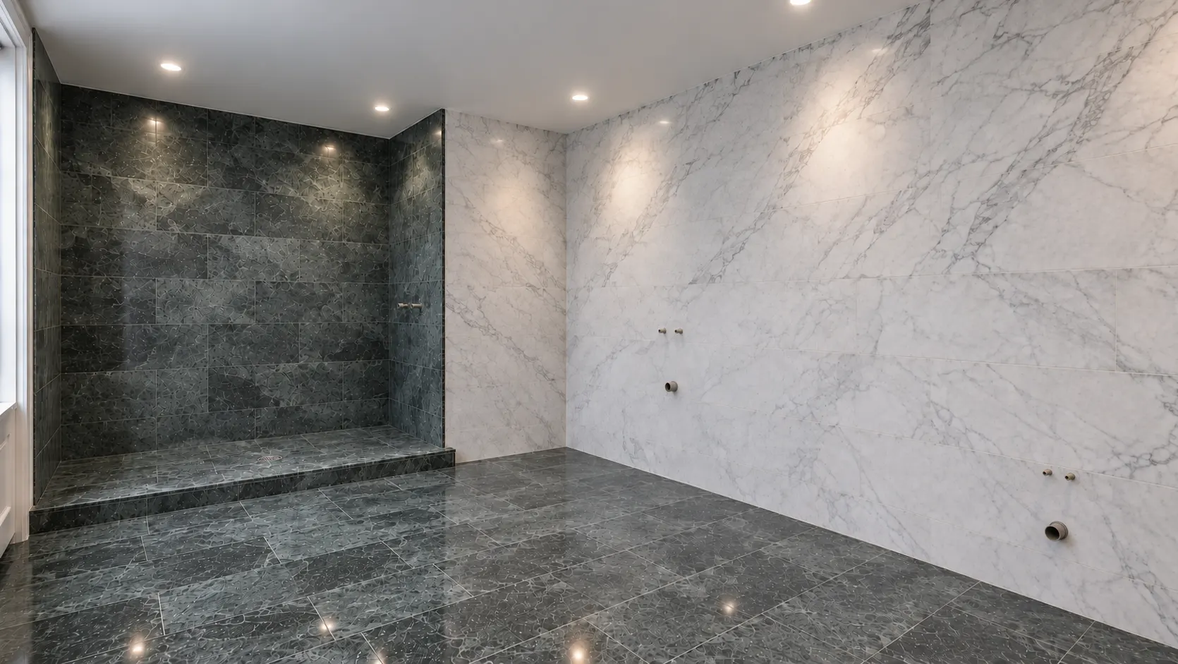Luxury bathroom with the marble complete, a dark green stone shower alcove and white Carrara walls, and bare brass supply stubs and waste outlets protruding where the sinks will go