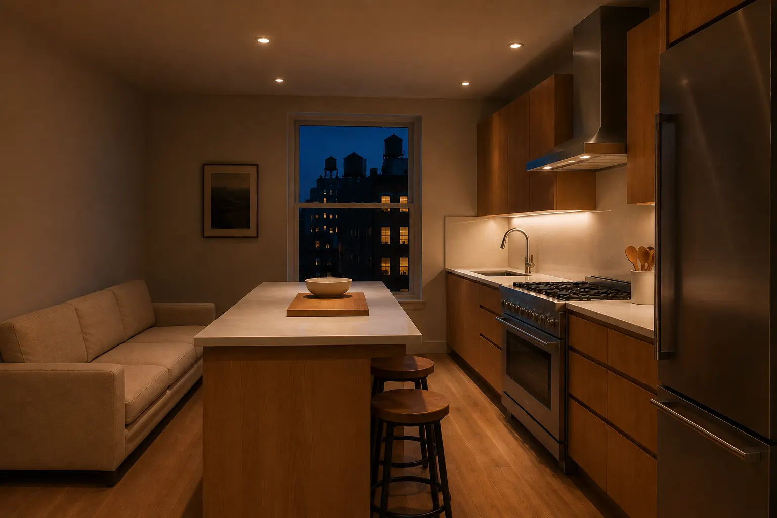 manhattan kitchen with island evening light