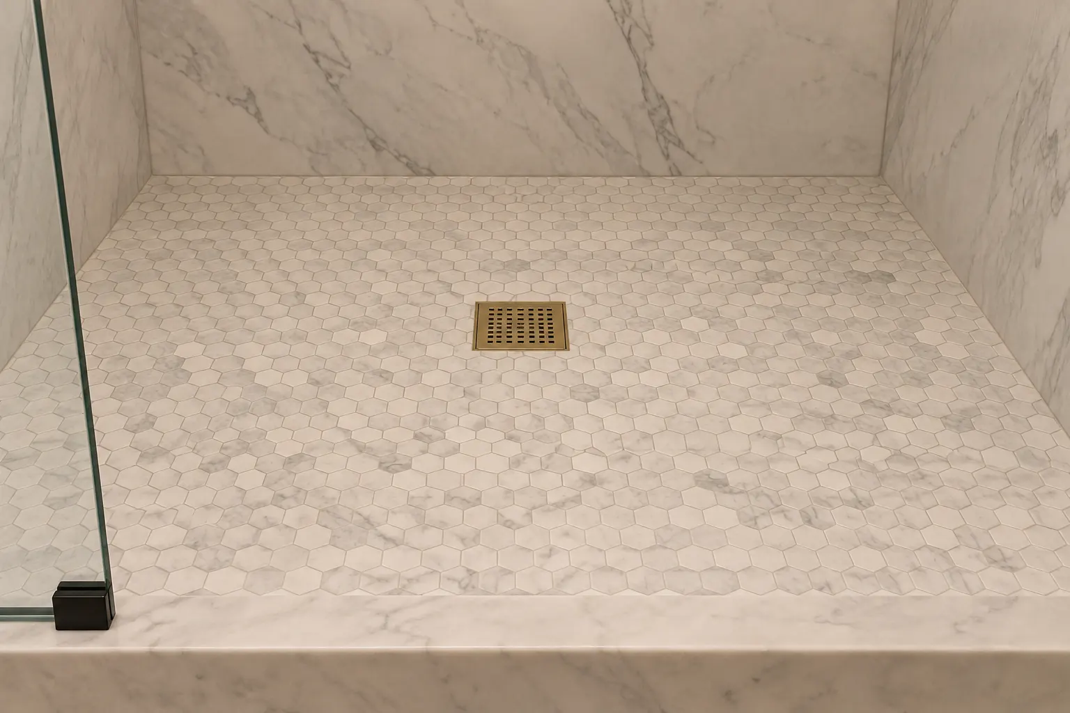 White Carrara marble hexagon mosaic shower floor with a square brass drain in the center, a marble curb and the base of a glass panel held by a black clamp