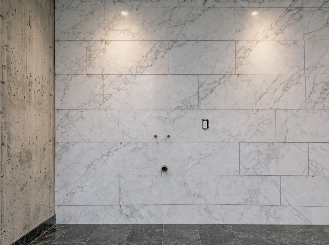 Large format white Carrara marble set on a bathroom wall with the joints still open and unfilled, plastic spacers standing in the joints, and brass supply and waste stubs protruding where the sink will go
