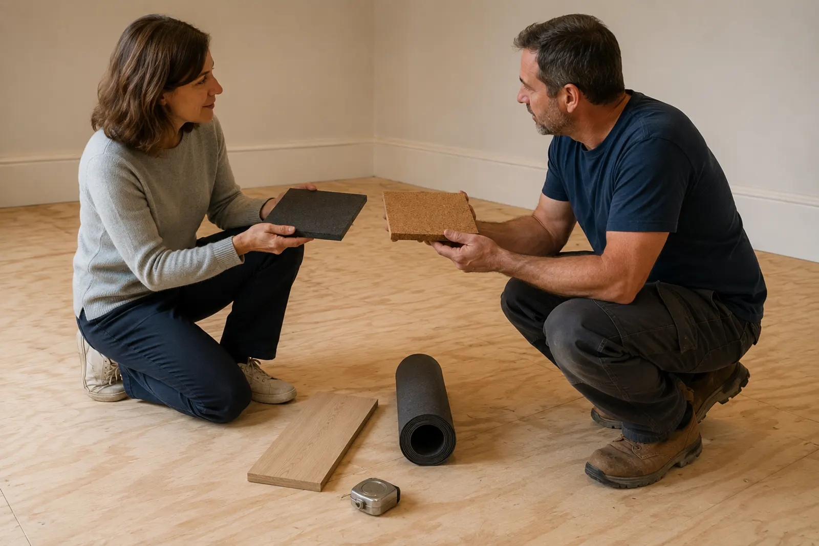 Apartment owner and contractor kneeling on a plywood subfloor comparing rubber and cork underlayment samples