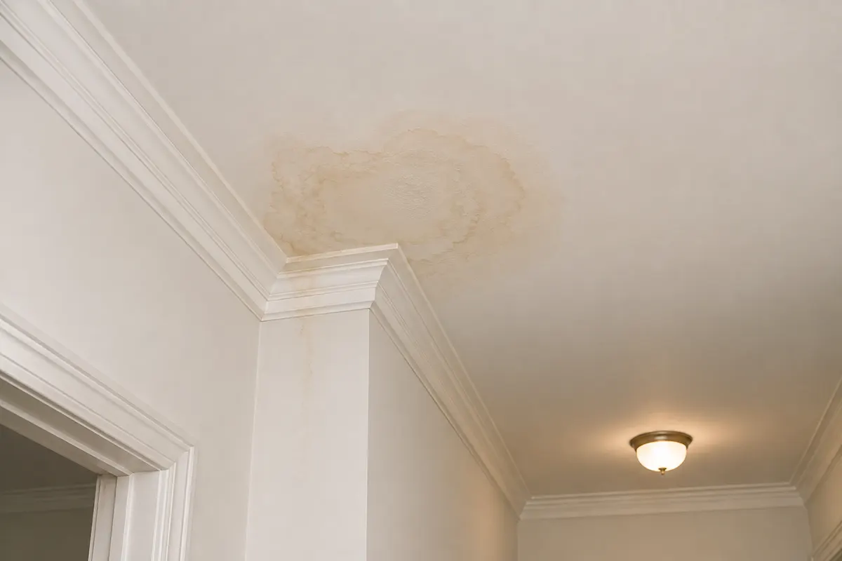 Water stain spreading from the corner of a plaster ceiling and down the wall in a pre-war Manhattan hallway, from a leak in the apartment above