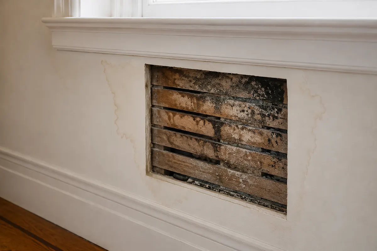 Water stain spreading from the corner of a plaster ceiling and down the wall in a pre-war Manhattan hallway, from a leak in the apartment above