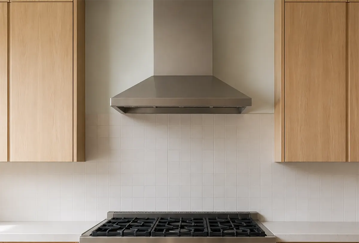 Stainless range hood mounted above a gas range, with the burners on both sides extending past the edges of the hood