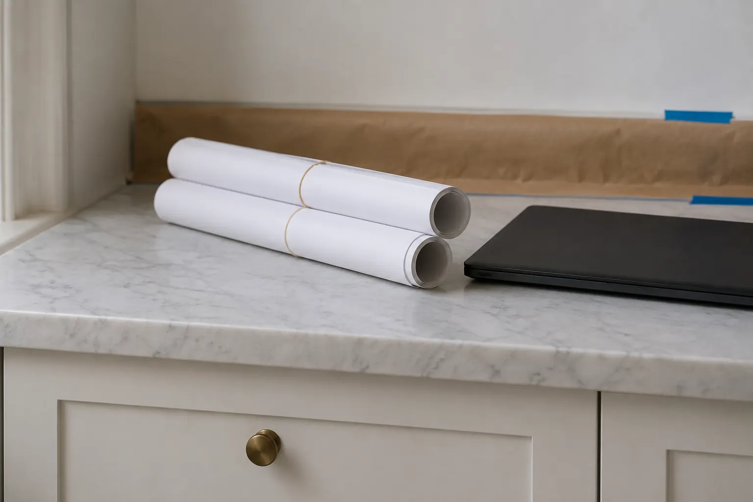 Two rolled sets of drawings held with rubber bands beside a closed black laptop on a Carrara marble countertop above painted shaker drawers with a brass knob, protective paper taped along the wall behind
