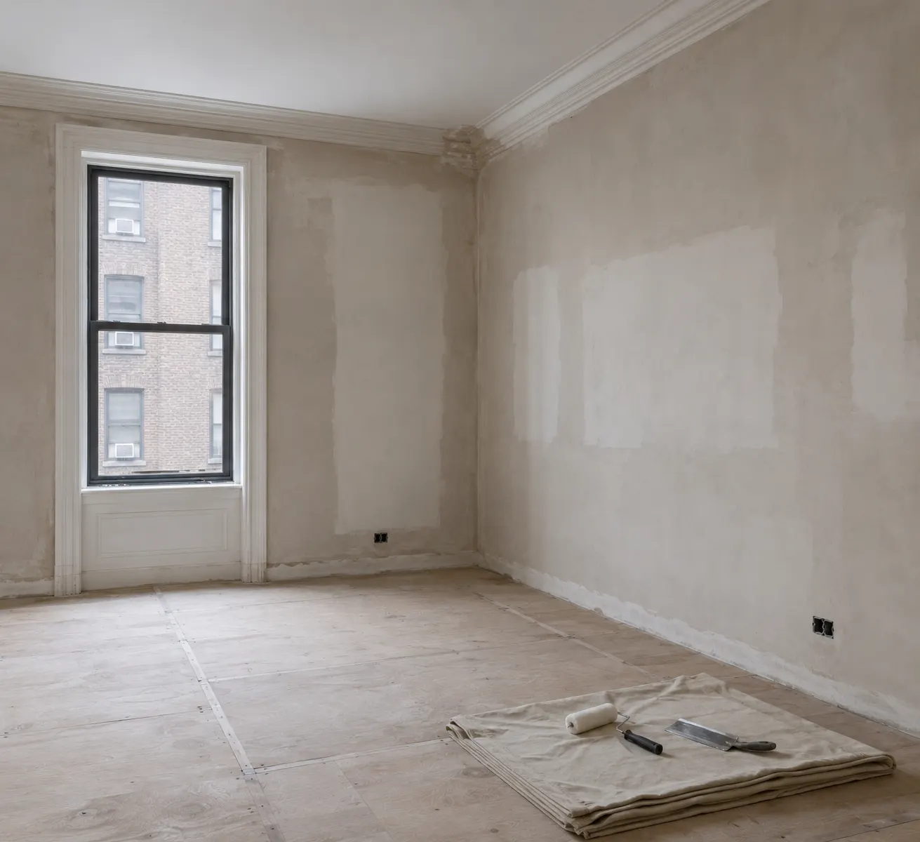 Empty pre-war room during a gut renovation with patched plaster walls drying in pale rectangles, primed window casing, plywood protecting the floor and a roller and plastering trowel on a folded drop cloth