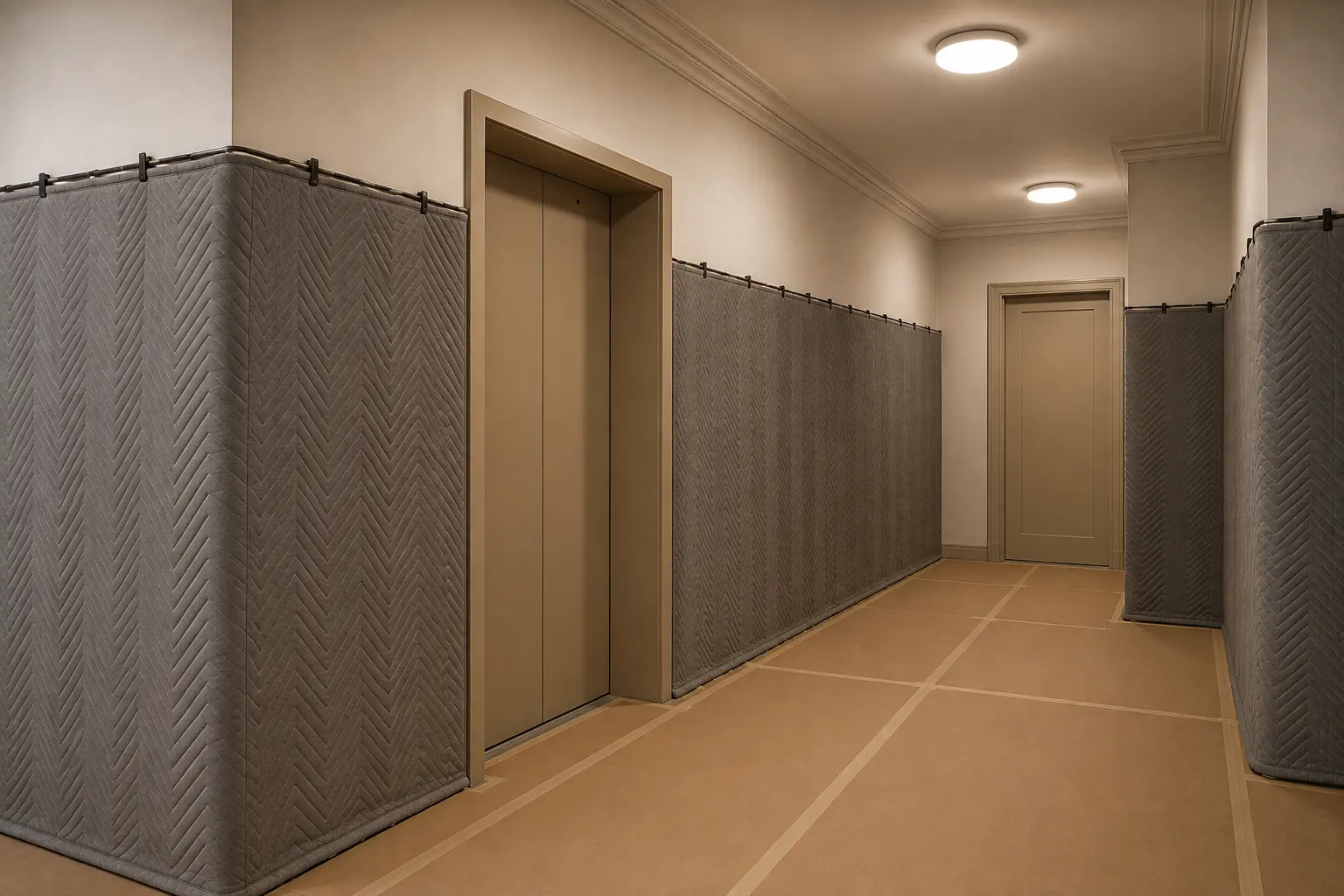 Service elevator vestibule in a pre-war building protected for renovation work, with quilted blankets hung over the walls and wrapped around the corners and protective board taped over the floor
