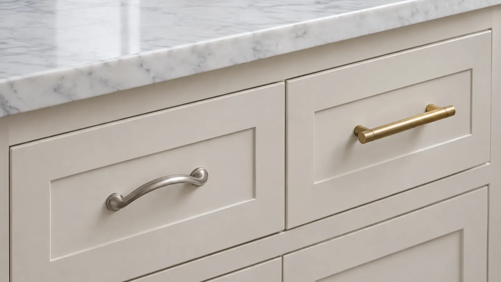 Two painted Shaker drawers under a marble countertop, the left with an old satin nickel arch pull and the right with a new brass bar pull