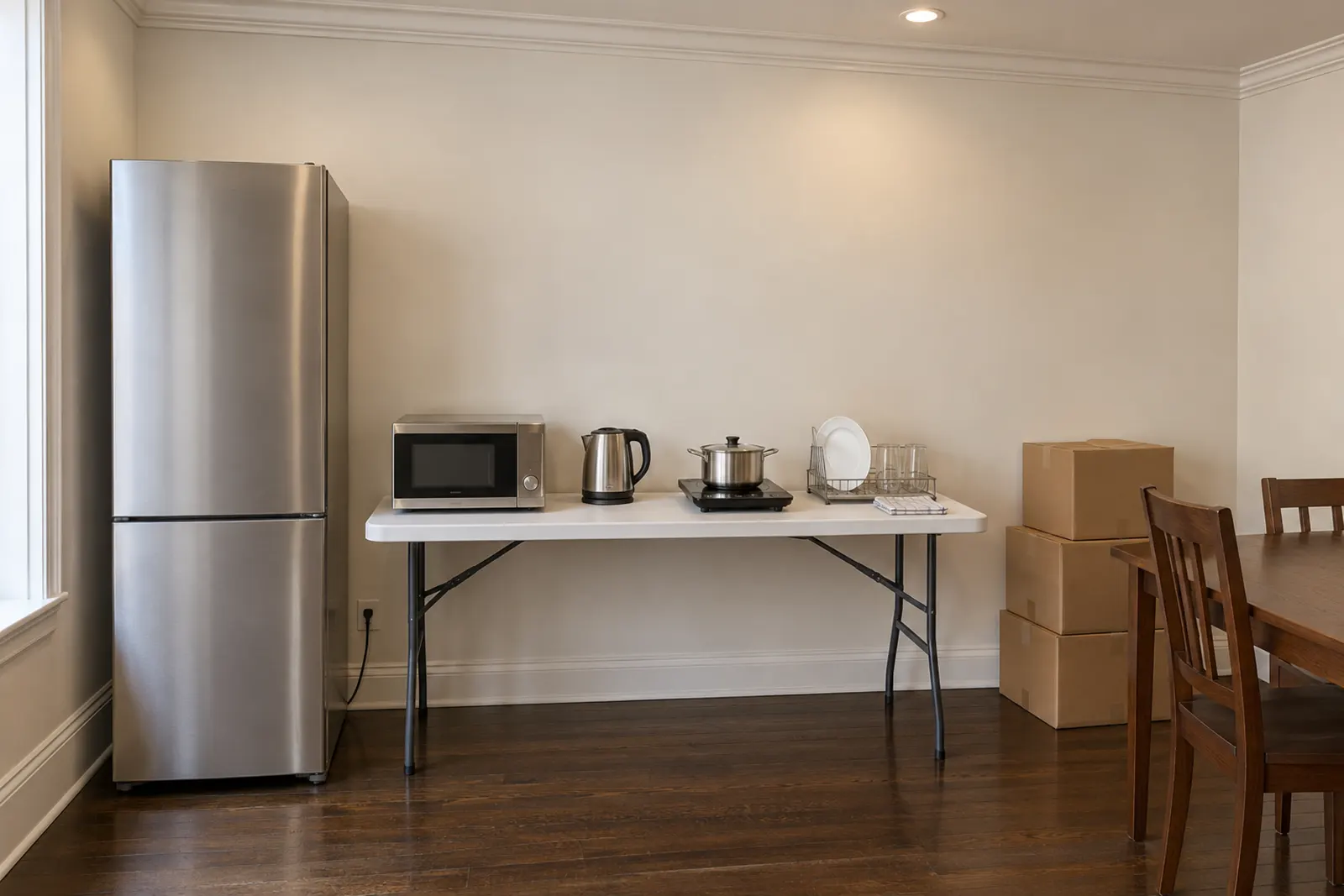 Temporary kitchen in a dining room during a renovation, with a refrigerator and a microwave, kettle and induction burner on a folding table