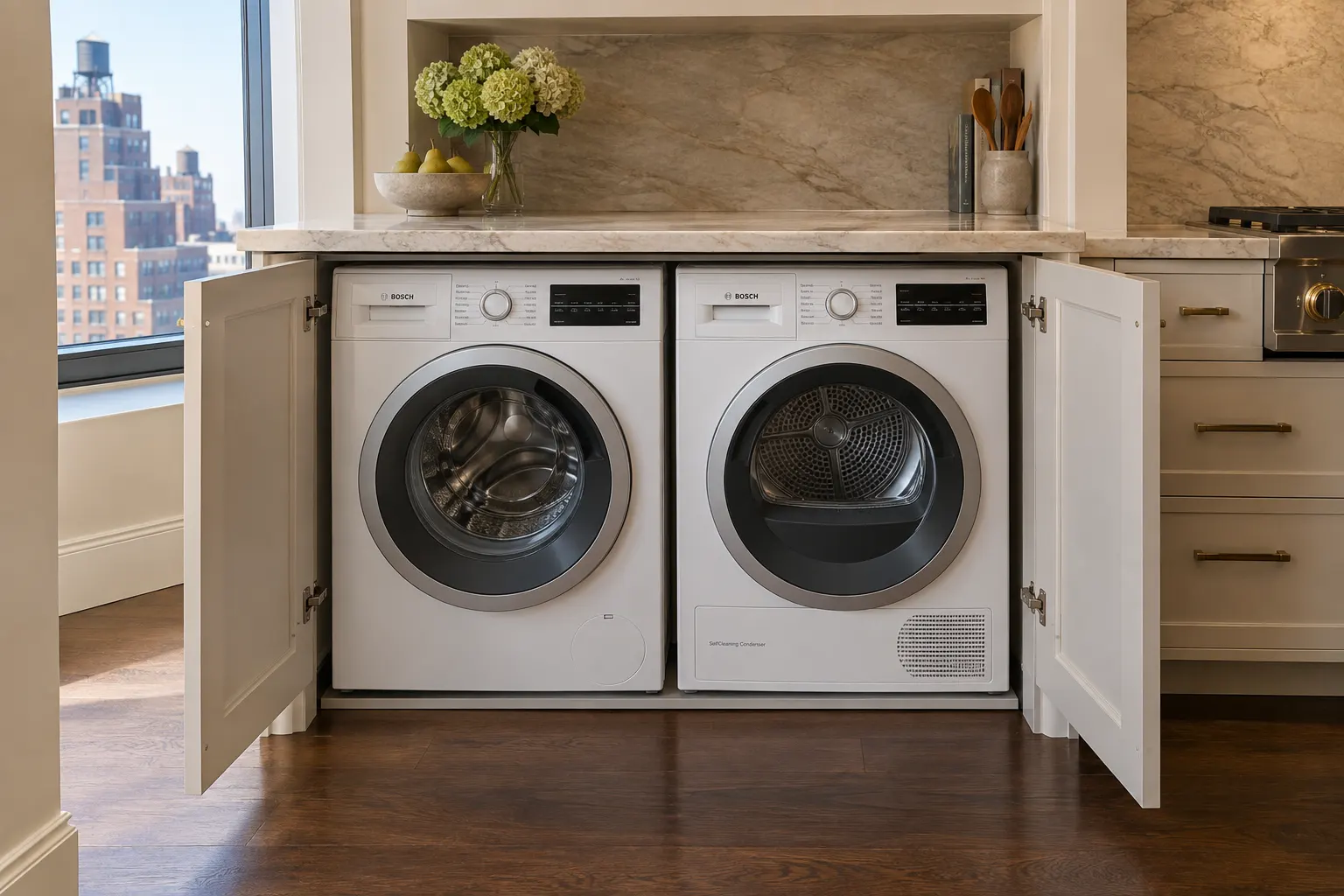 Washer and ventless dryer side by side under a stone counter in a Manhattan kitchen, cabinet doors open