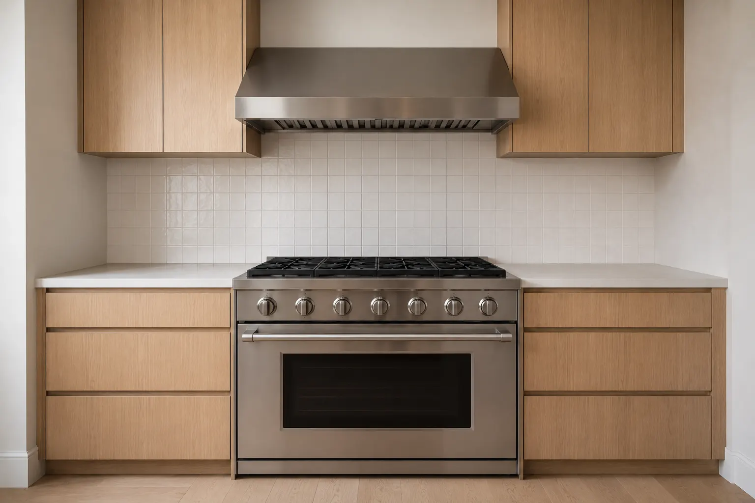 Stainless range hood mounted wider than the range below it, overhanging the cooking surface on both sides, between flat-front pale wood cabinets