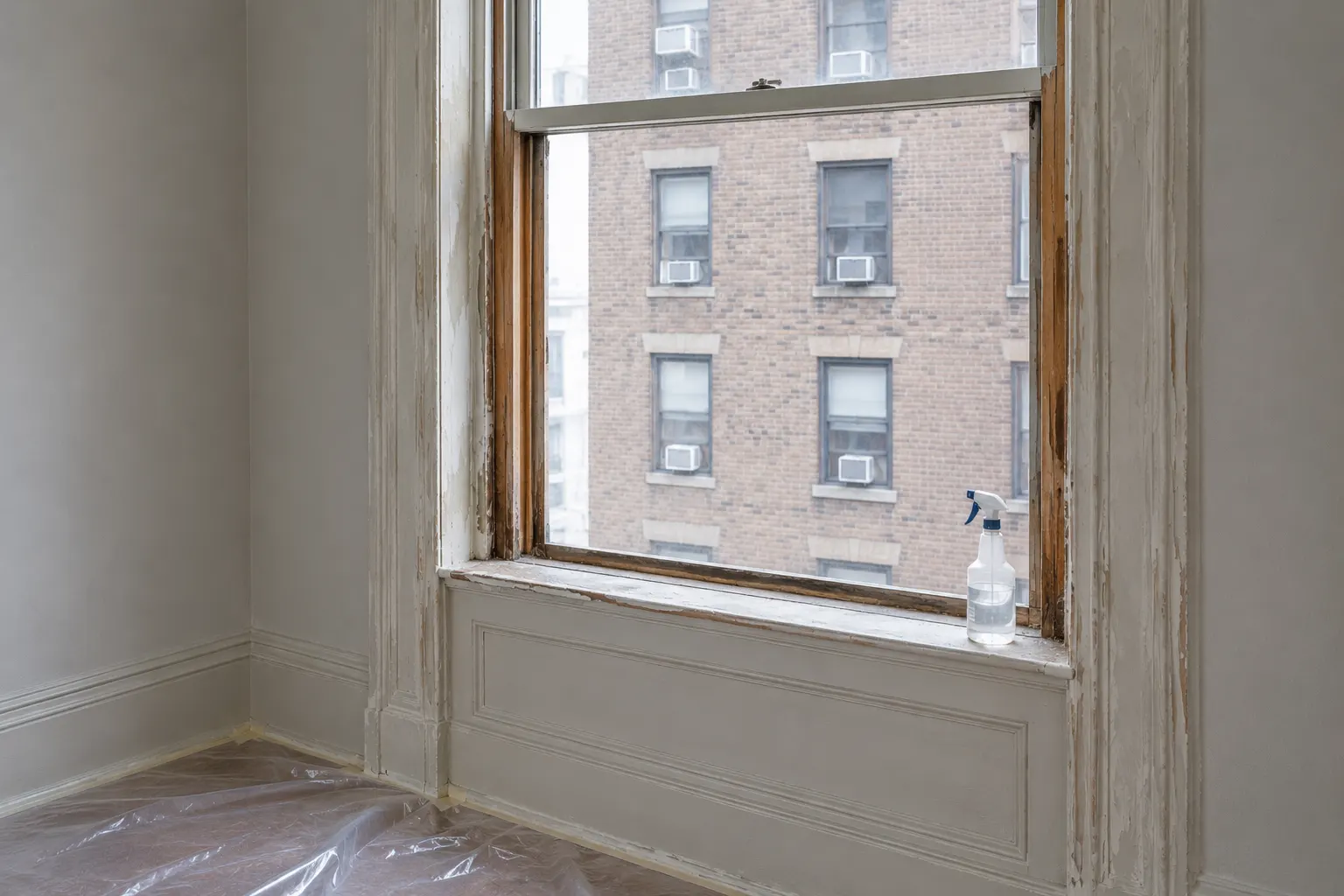 Pre-war window with paint stripped off the casing and sash down to bare wood in places, a water spray bottle standing on the sill and plastic sheeting taped along the baseboard below