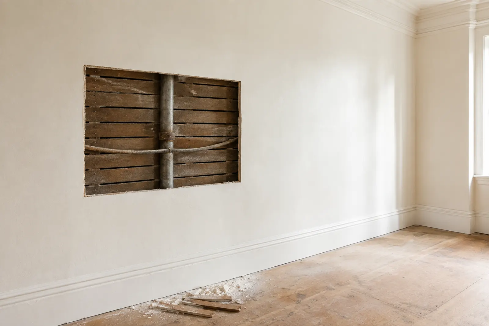 Opening cut in the plaster wall of a pre-war apartment showing wooden lath, an old galvanized pipe and a cloth-covered cable