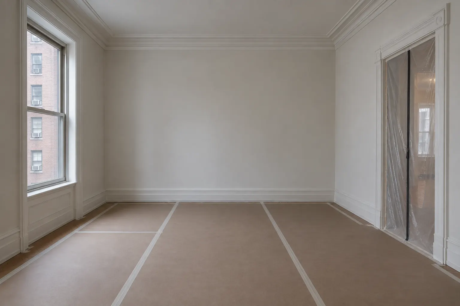 Empty pre-war apartment prepared for renovation with protective board taped over the floor and a doorway sealed with clear plastic taped to its molded casing, with a lit room visible beyond