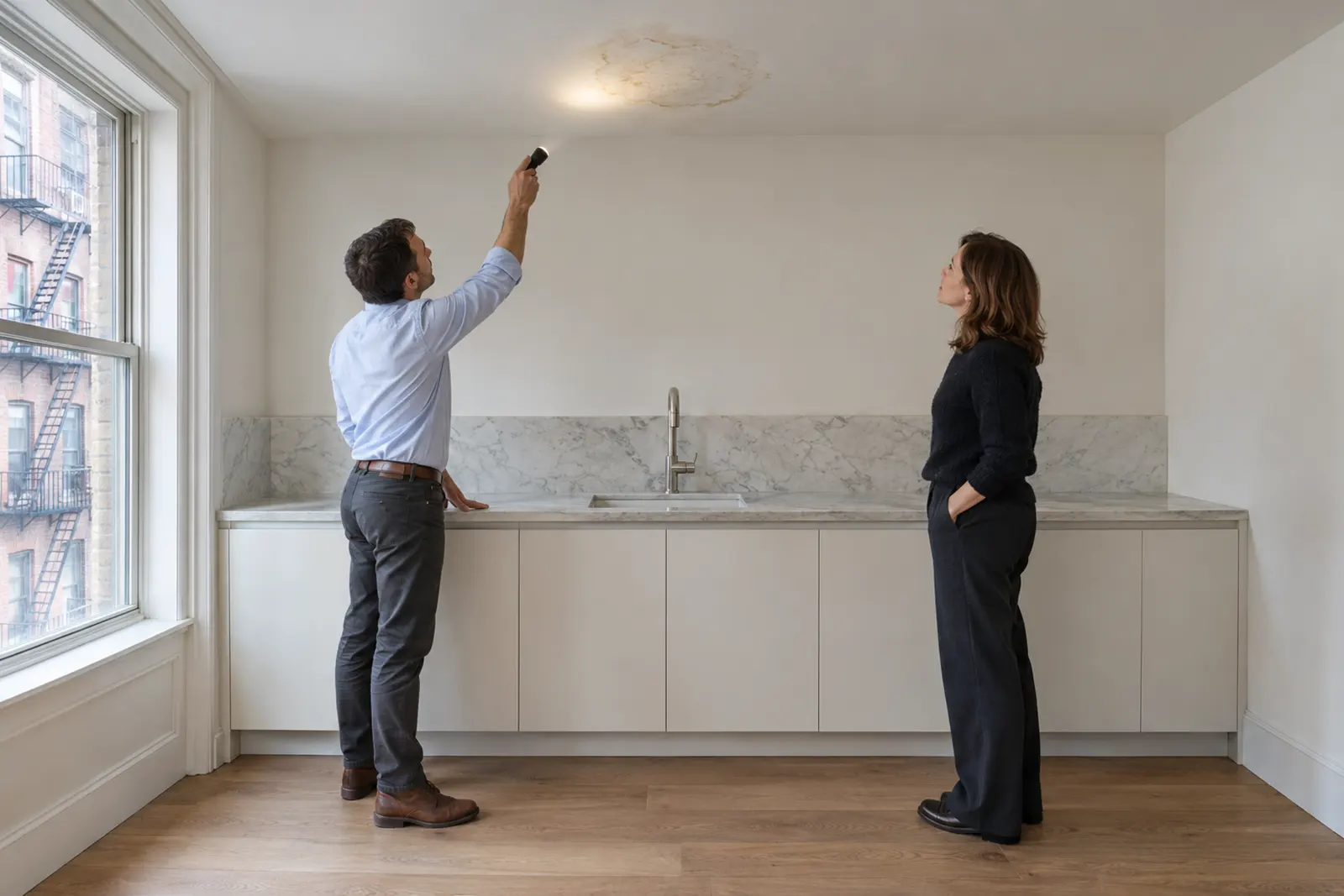 Contractor's project manager shining a flashlight on an old water stain above the kitchen sink while the owner looks on during a pricing visit