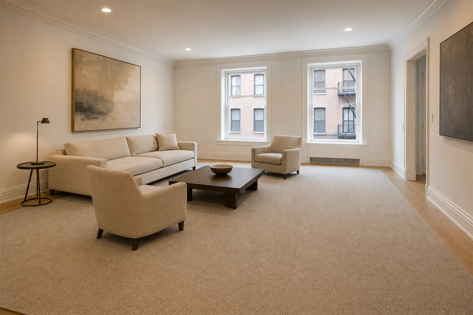 Living room of a Manhattan co-op where a large rug covers most of the floor, with a wide-plank oak border showing around it