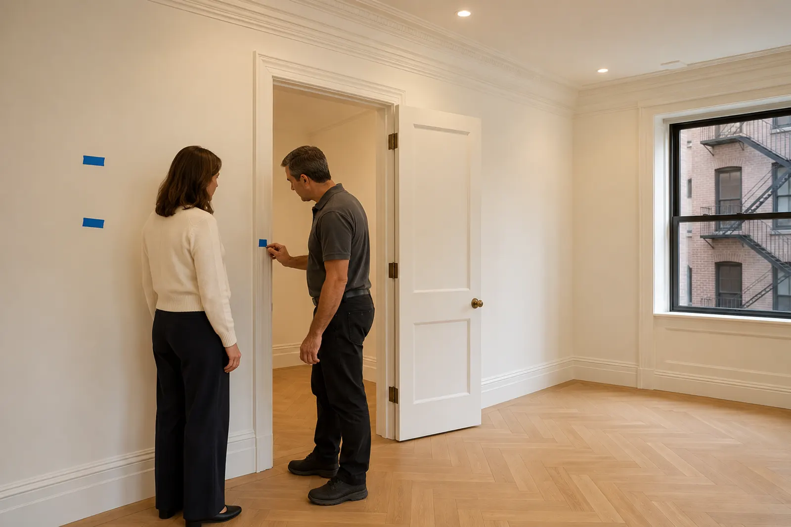 Owner and contractor at a final walkthrough, marking a door frame with blue painter's tape in an empty finished room