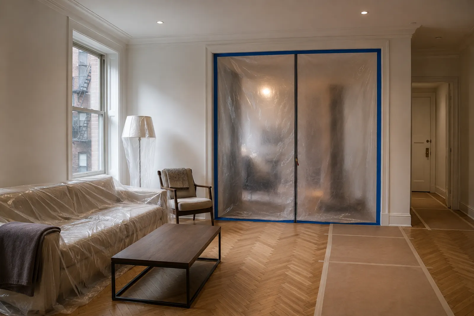 Living room of a Manhattan apartment during a renovation, sofa wrapped in plastic and the doorway sealed with a taped plastic dust barrier
