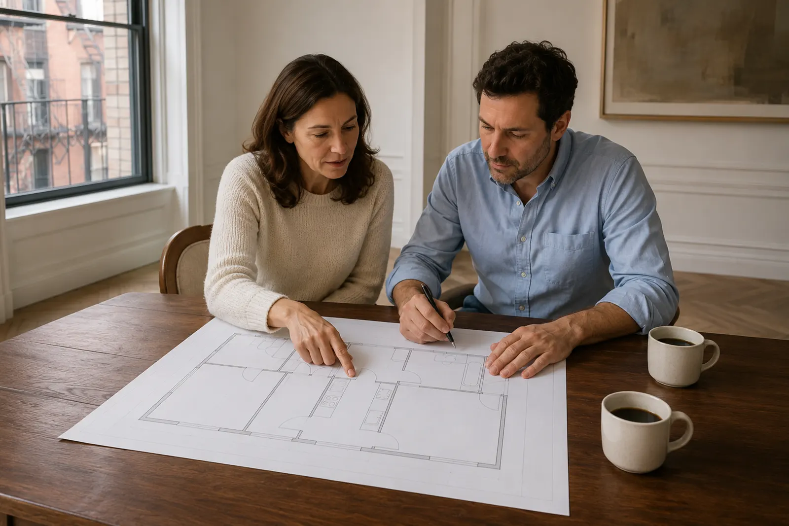 Apartment owner and contractor's project manager going over a floor plan together at a dining table
