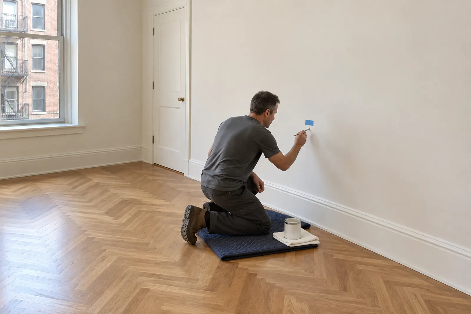 ainter kneeling on a blanket in an empty finished room, touching up a wall spot marked with blue tape
