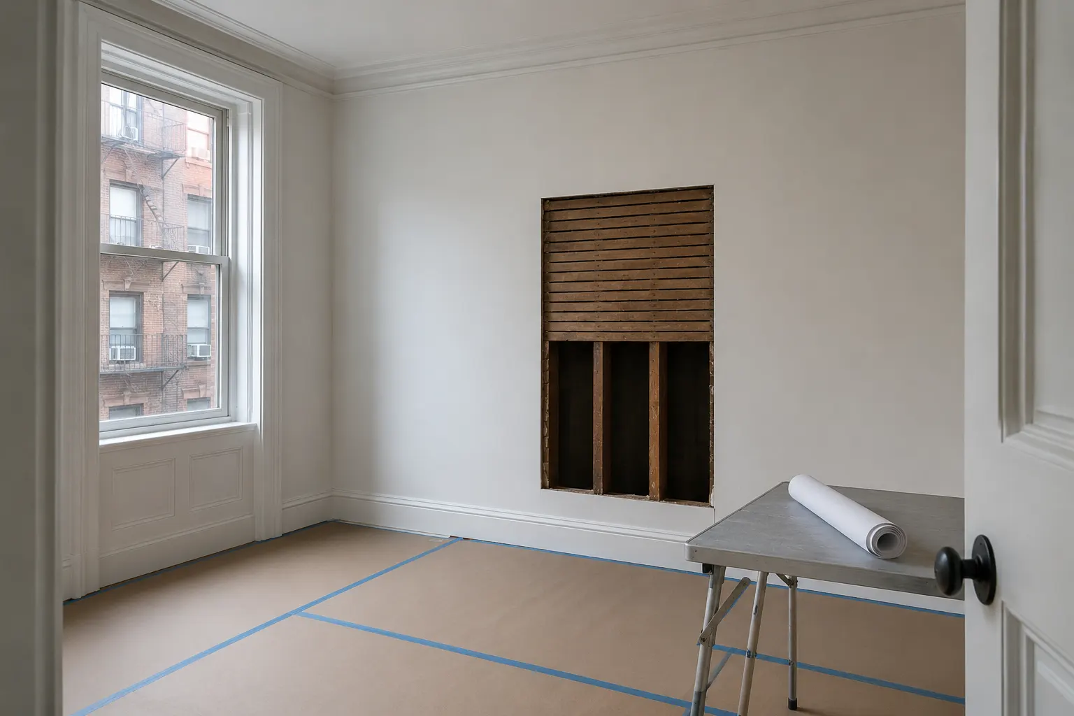 Empty pre-war apartment room under renovation with a neat rectangular opening in the wall showing old wood lath and studs, protective board taped over the floor and a rolled drawing on a folding table