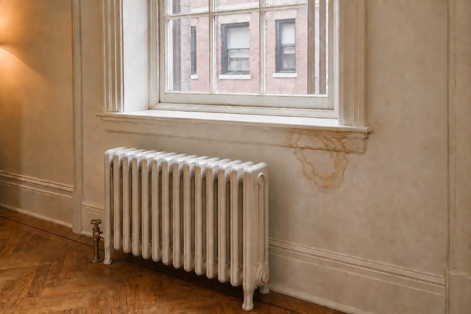 Water stain with brown rings on the plaster under a window beside a cast-iron steam radiator in a pre-war Manhattan apartment