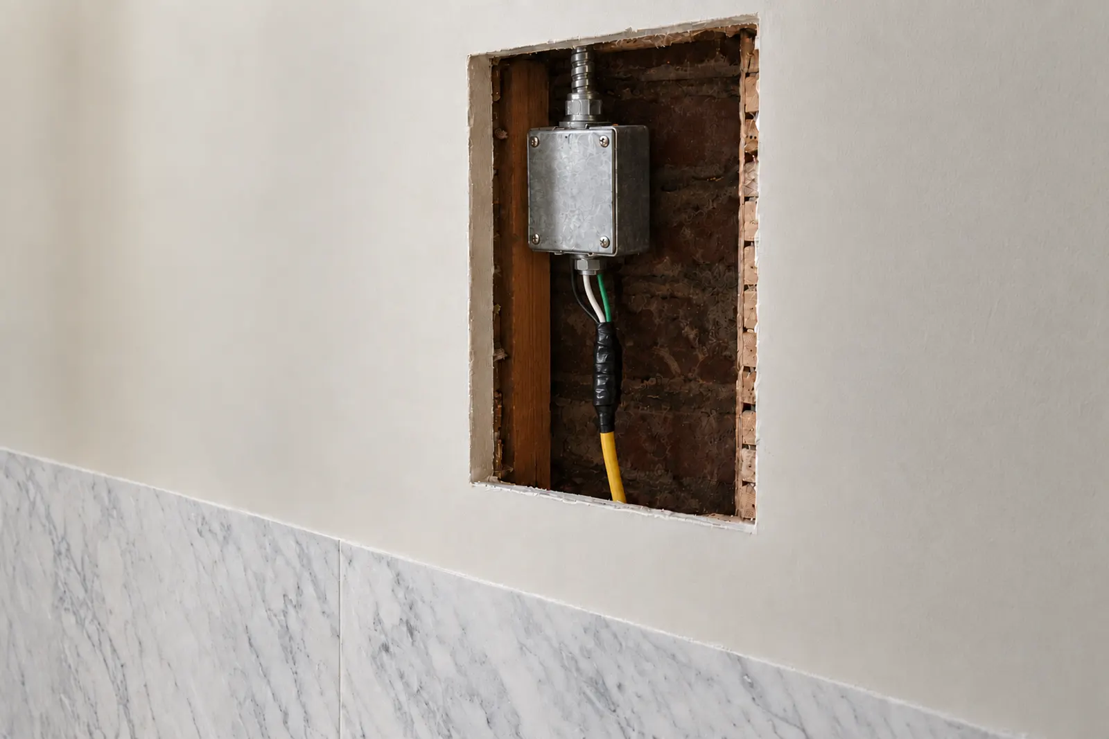 Opening in a plaster wall above a marble wainscot, showing a metal-armored cable entering a steel box and its wires joined to a yellow cable with black tape outside the box