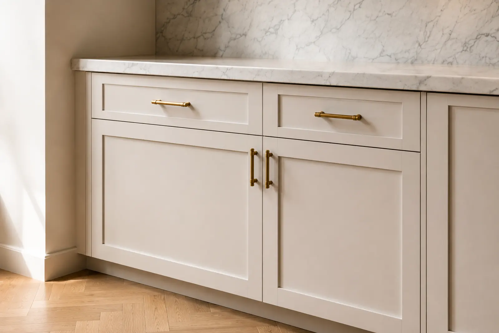 Two bays of off-white Shaker base cabinets under a Carrara marble countertop, with horizontal brass bar pulls on the drawer fronts and two mirrored vertical pulls on the doors at the seam