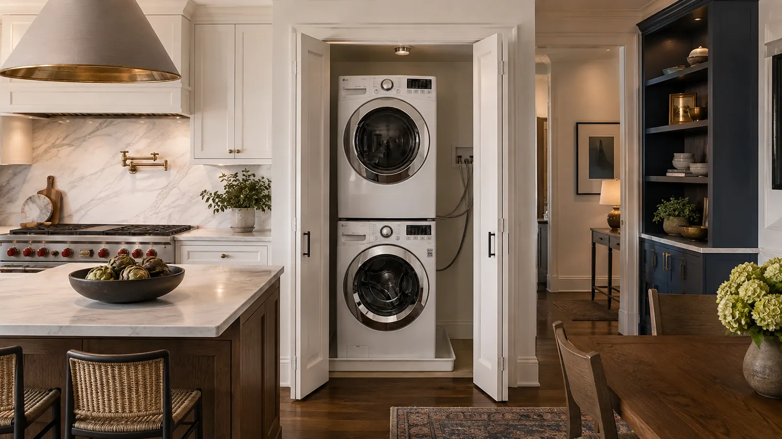 Stacked washer and dryer in a closet off a Manhattan kitchen, standing in an overflow pan