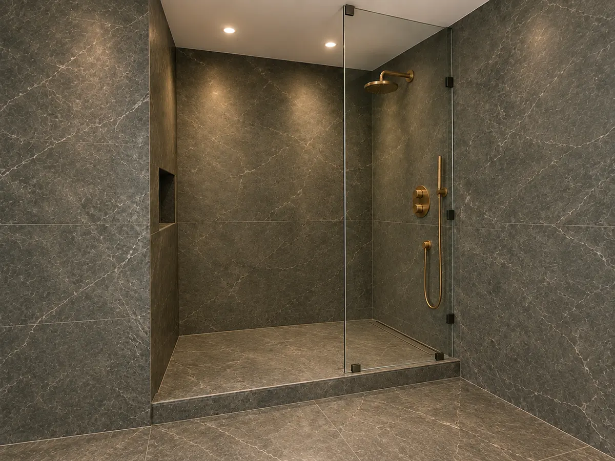 Walk-in shower in dark grey-green marble with a brass rain shower head and linear drain on the back wall, a low marble curb and a frameless glass panel held by black clamps