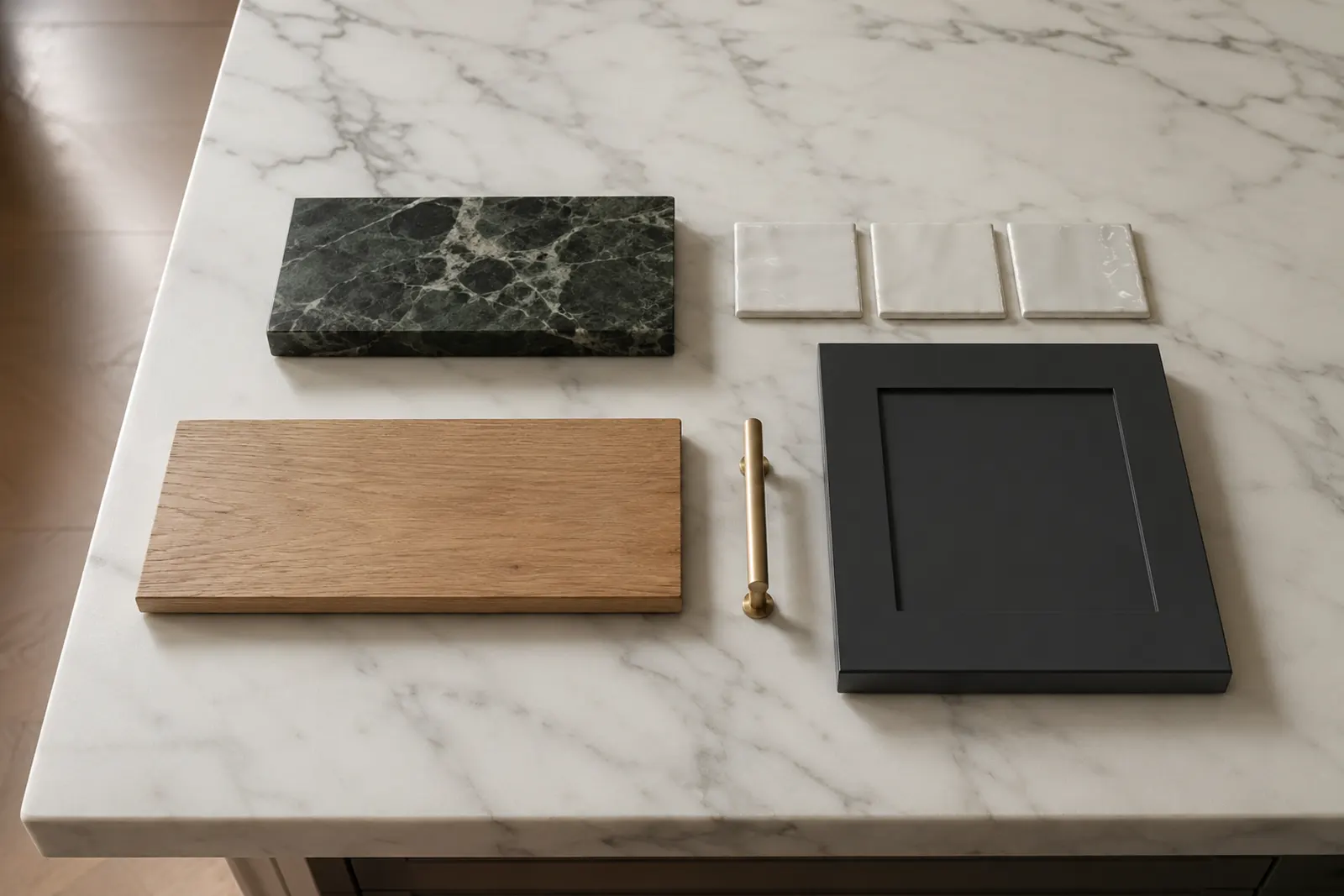 Marble, tile, oak flooring, brass pull and cabinet door samples laid out on a marble kitchen island